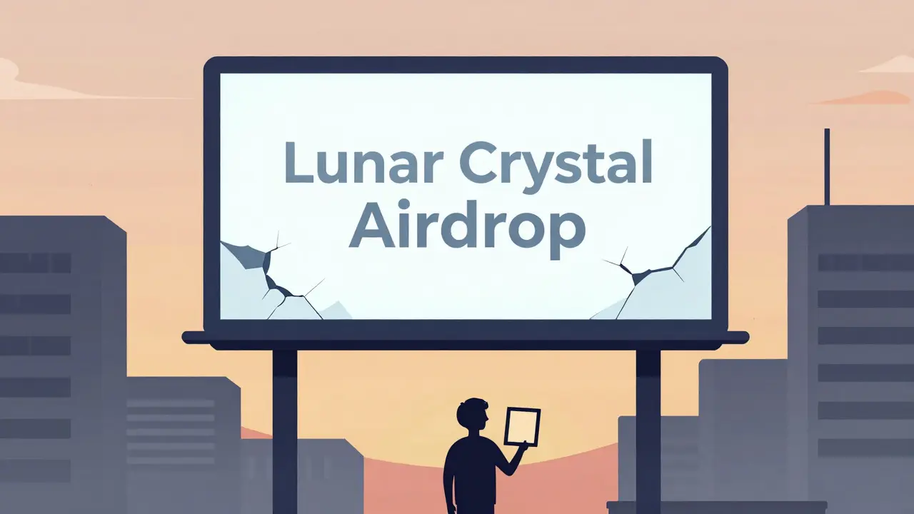 A faded Lunar Crystal airdrop billboard in a deserted cyber-city, with a confused user looking up.