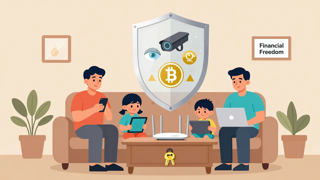A family using a VPN router at home, protected by a shield from surveillance, with crypto keys stored safely in a drawer.