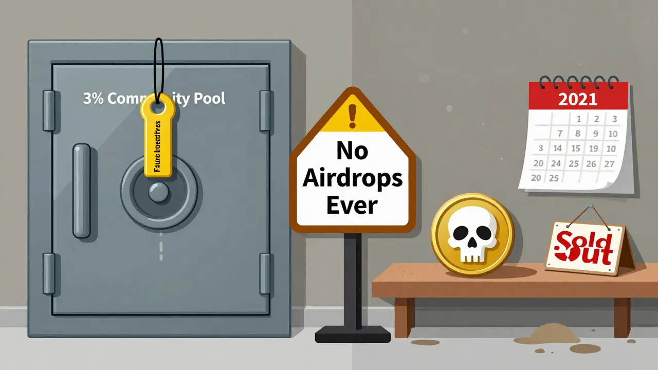 A locked community token pool on one side, a lonely PERA token on a dusty shelf on the other.