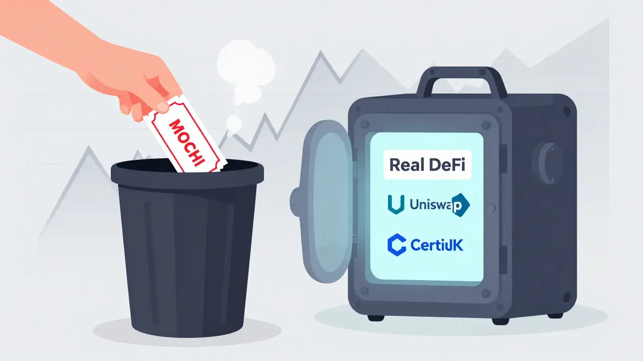 A MOCHI lottery ticket tossed into trash beside a secure vault labeled 'Real DeFi', with a hand reaching toward safety.