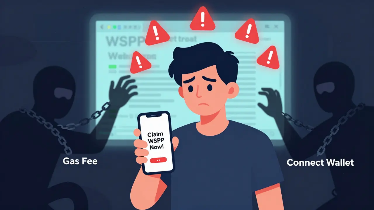 A person being lured by scam pop-ups while shadowy figures try to steal crypto, with the real WSPP contract visible in the background.