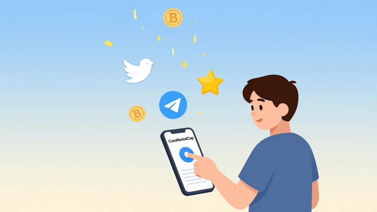 A person clicking a button as Twitter, Telegram, and watchlist icons trigger a rain of BOT tokens in a simple cartoon scene.