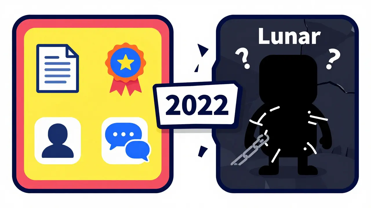 A split illustration comparing a transparent NFT project to the hollow, broken Lunar Crystal project.