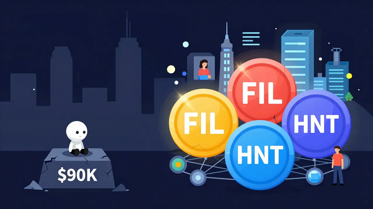 A tiny lonely SCALE token next to three thriving DePIN tokens in a visual comparison of market vitality.