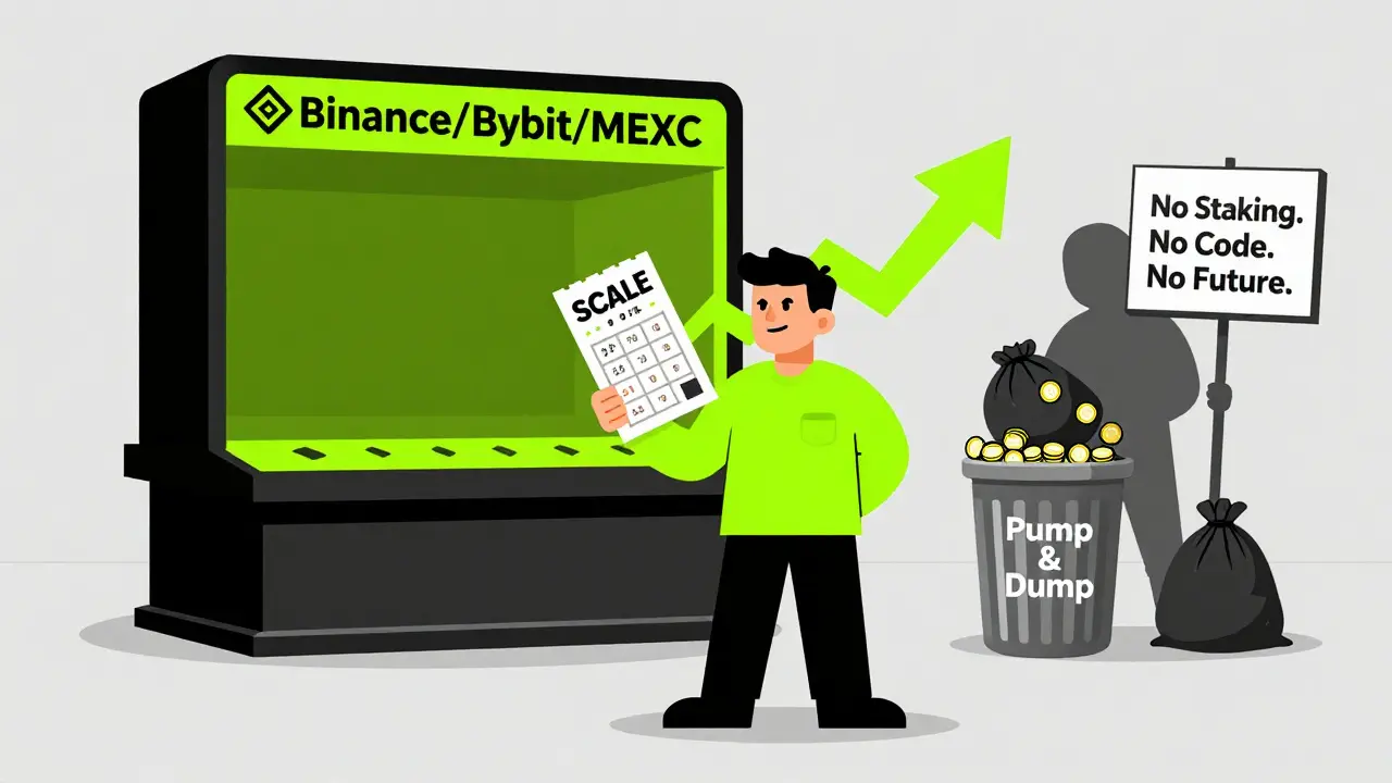 A trader holding a lottery ticket labeled SCALE, standing before a casino with a 'Pump &amp; Dump' trash can behind.