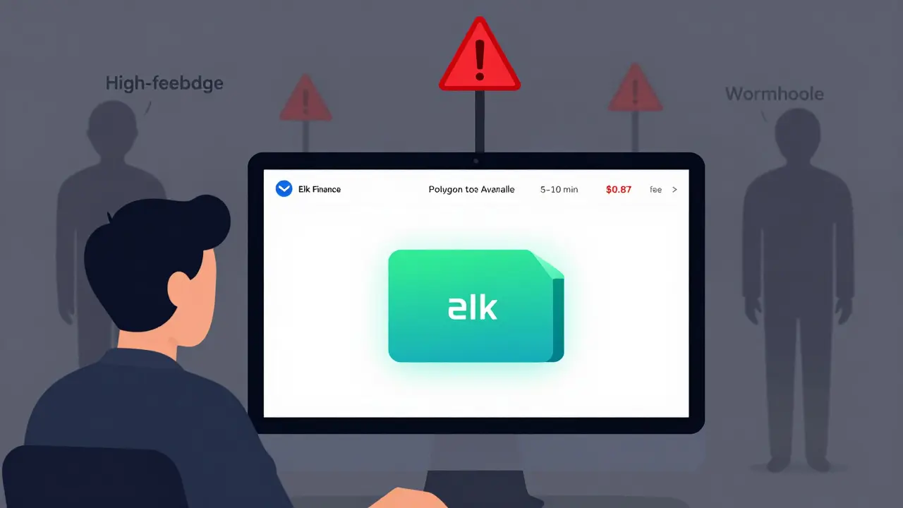A user monitoring a cross-chain bridge transaction with Elk Finance interface on screen.