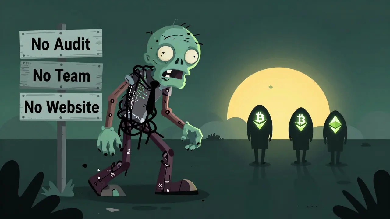 A zombie LEOPARD token stumbles past signs of neglect as legitimate projects leave.