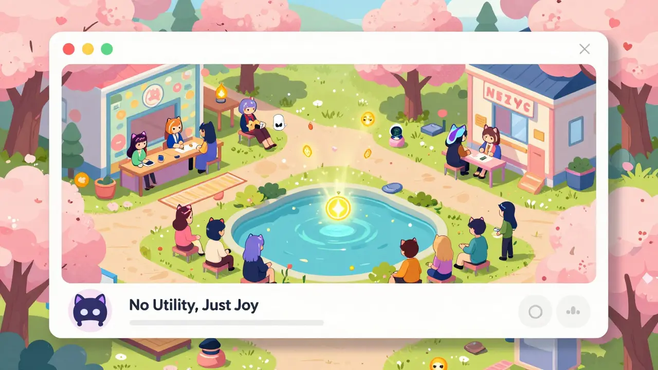 Anime-themed town with residents chatting as tokens drift like fireflies
