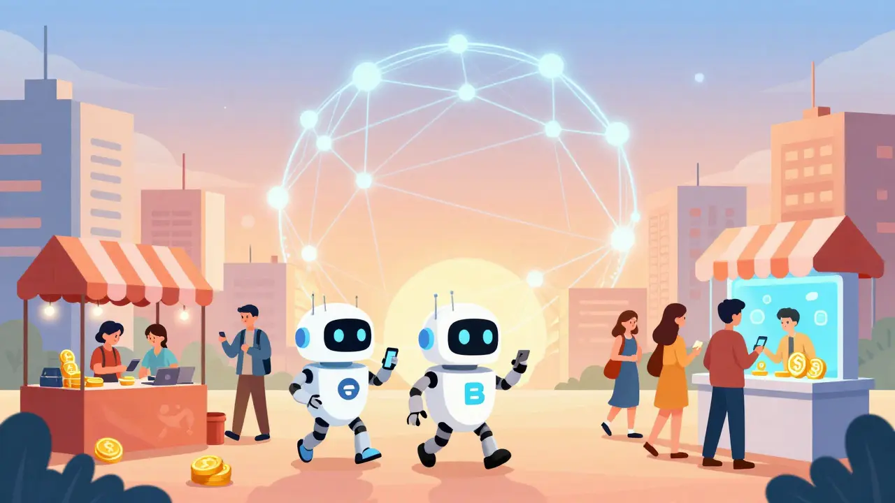 Cartoon NFT bots and everyday people living together in a friendly crypto-themed city with glowing staking kiosks and messenger apps.