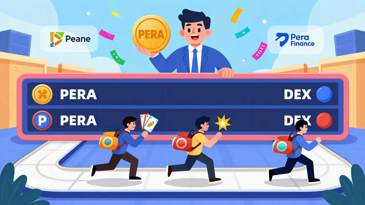 Cartoon traders racing on a DEX track, earning PERA tokens as rewards in a game-like leaderboard arena.