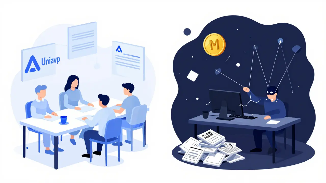 Contrasting trading desks: organized with trusted DeFi projects on one side, chaotic with memes and a masked figure on the other.