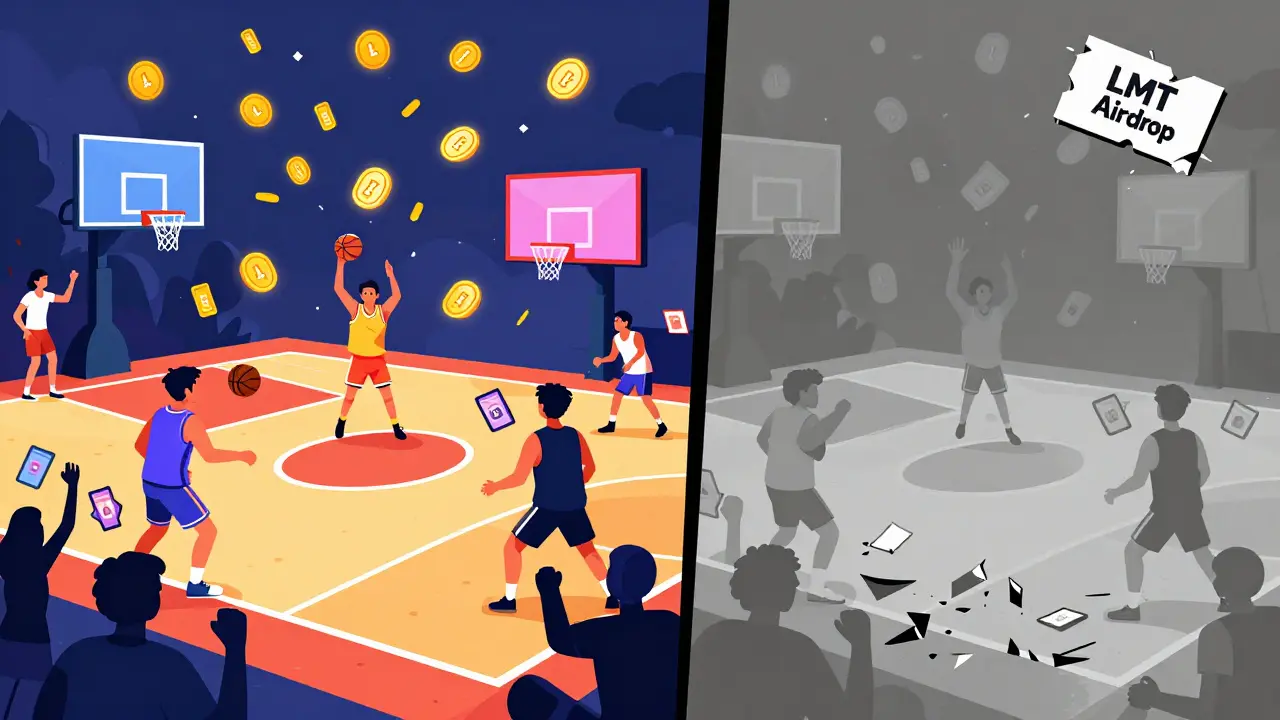 Contrasting vibrant sports NFT game on left with collapsed, empty version on right, separated by a sharp line.