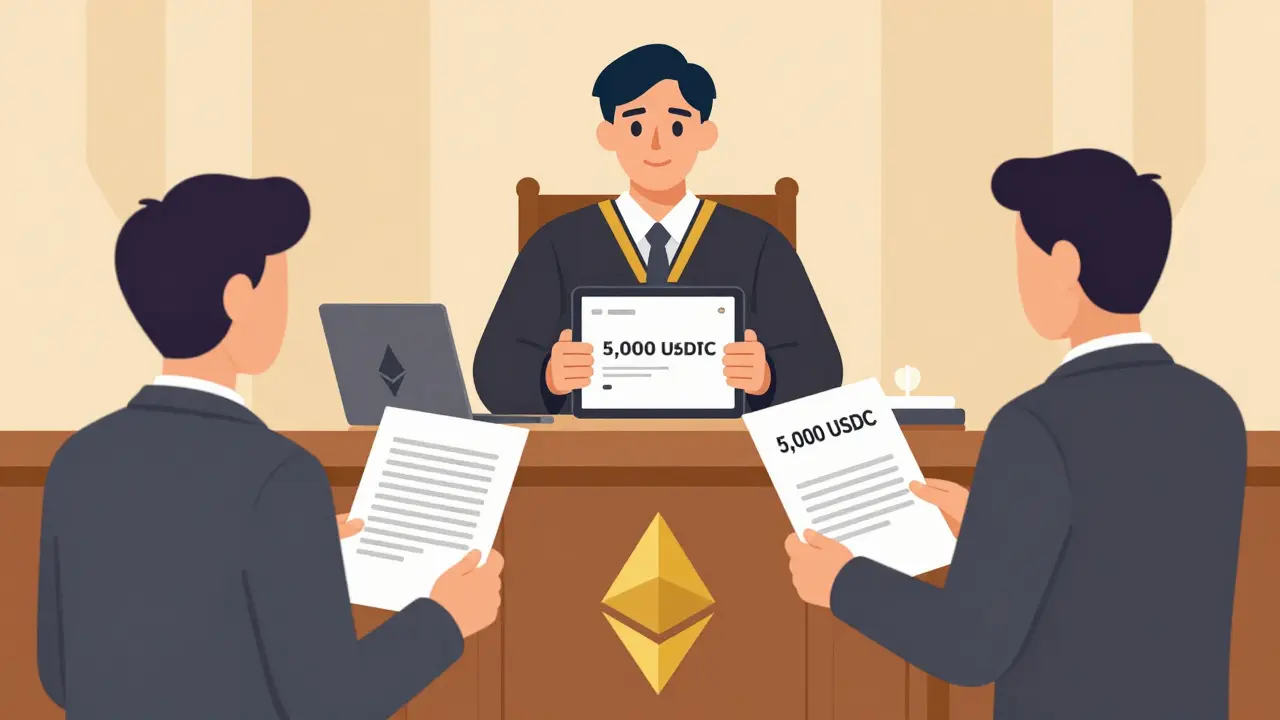 Courtroom scene with judge reviewing blockchain transaction, parties holding crypto contract.