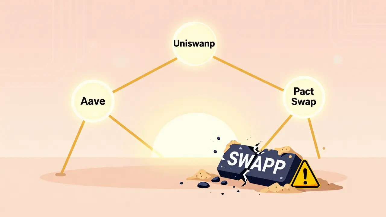 Disconnected SWAPP blockchain node among verified projects, shown as a forgotten relic.