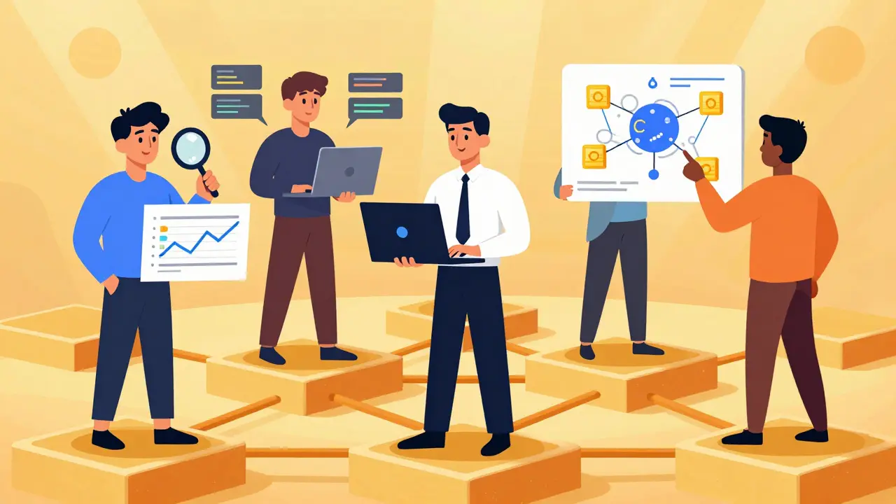 Diverse traders using different on-chain tools: chart, code terminal, and wallet connection map.