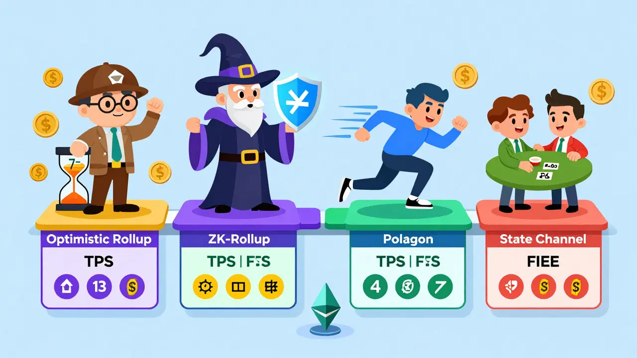 Flat illustration of four characters representing Layer 2 types on a game board, each with unique speed and security icons.