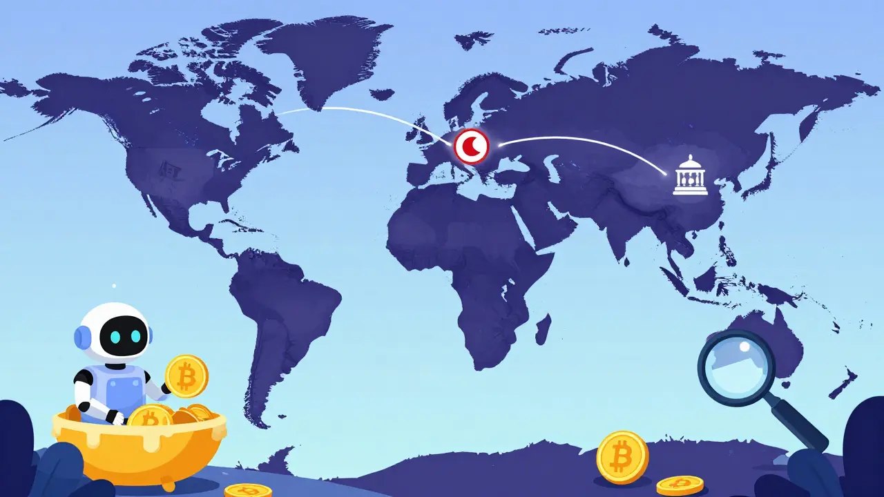 Global crypto laundering route from North Korea to international banks via mixers and NFTs.