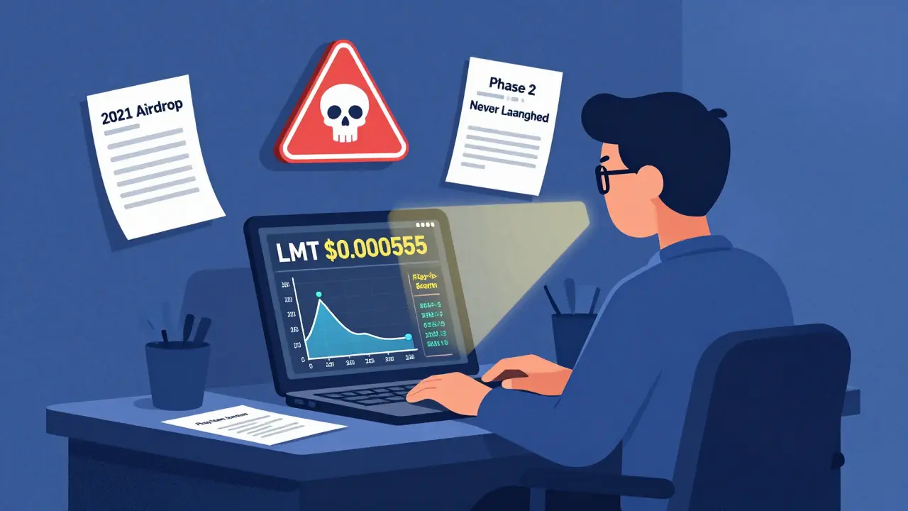 Investor staring at a laptop showing LMT price at <h2>What Happened to the Lympo Ecosystem?</h2>.00055, surrounded by discarded dreams of a failed platform.