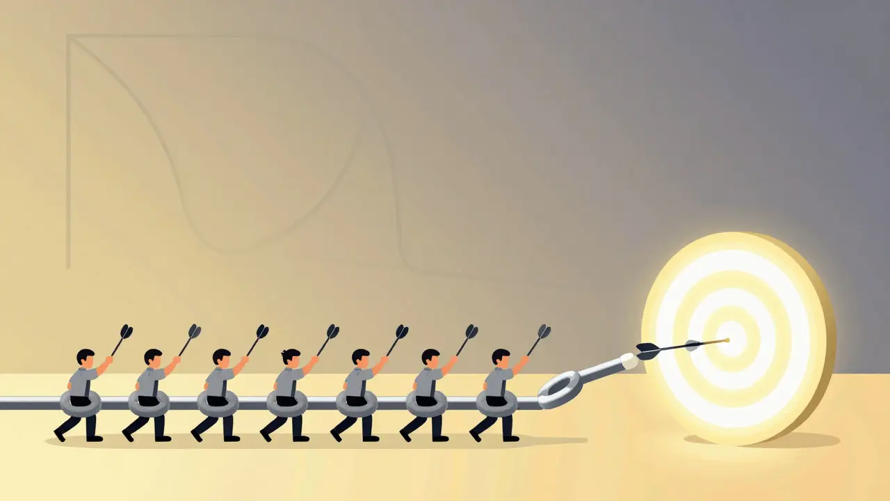 Miners throwing darts at a changing target representing Bitcoin mining difficulty.