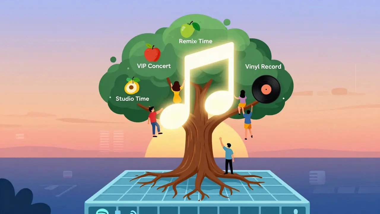 Music note tree grows from blockchain, bearing real-world fan rewards.