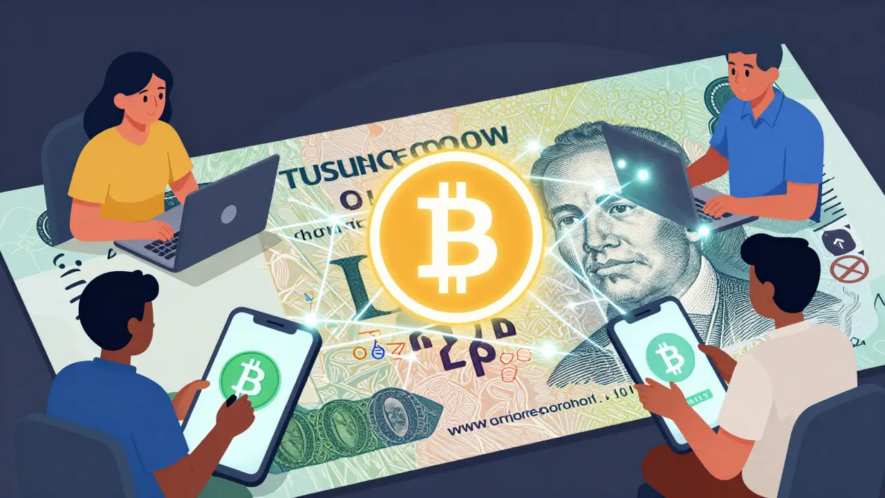 Nigerians using crypto for school, tools, and remittances, connected by digital transaction lines over fading naira.