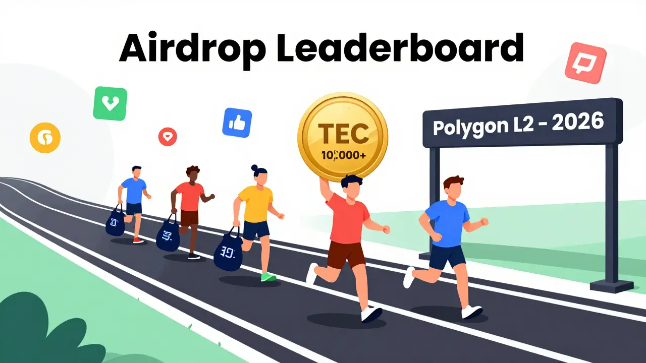 Race track leaderboard showing users competing for airdrops, with top runner holding TEC token.