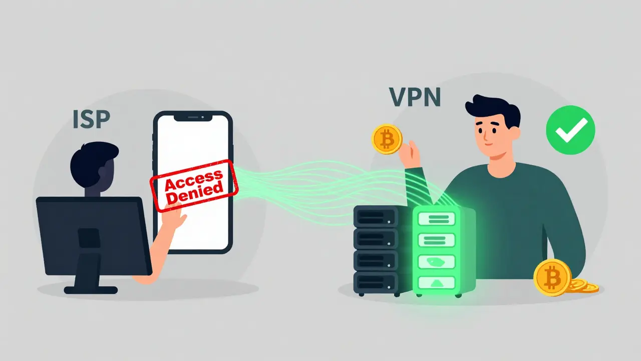 Side-by-side comparison: blocked crypto access vs. secure access via VPN with encrypted connections to global servers.