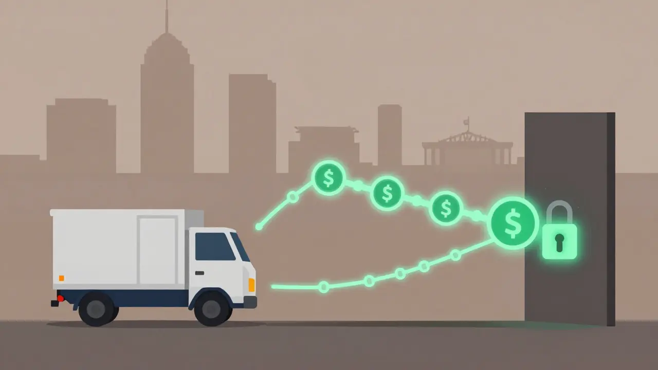 Smart contract linking delivery truck to digital lock, unlocking as USDC token is confirmed.