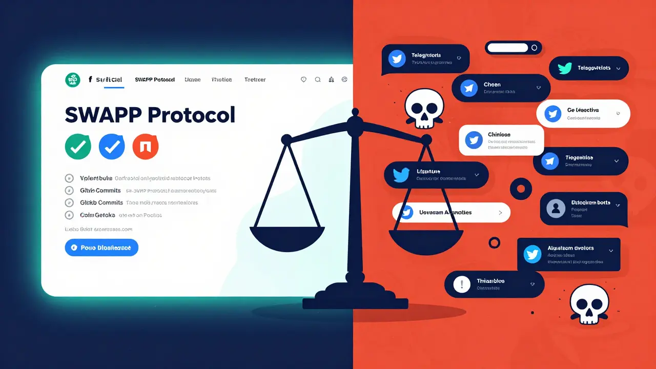 Split illustration: legitimate crypto project vs. spammy phishing links, clean vs chaotic.