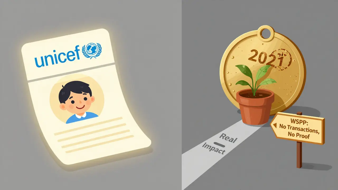 Split scene: one side shows a real charity donation, the other a dead WSPP token—symbolizing real impact vs. empty crypto promises.