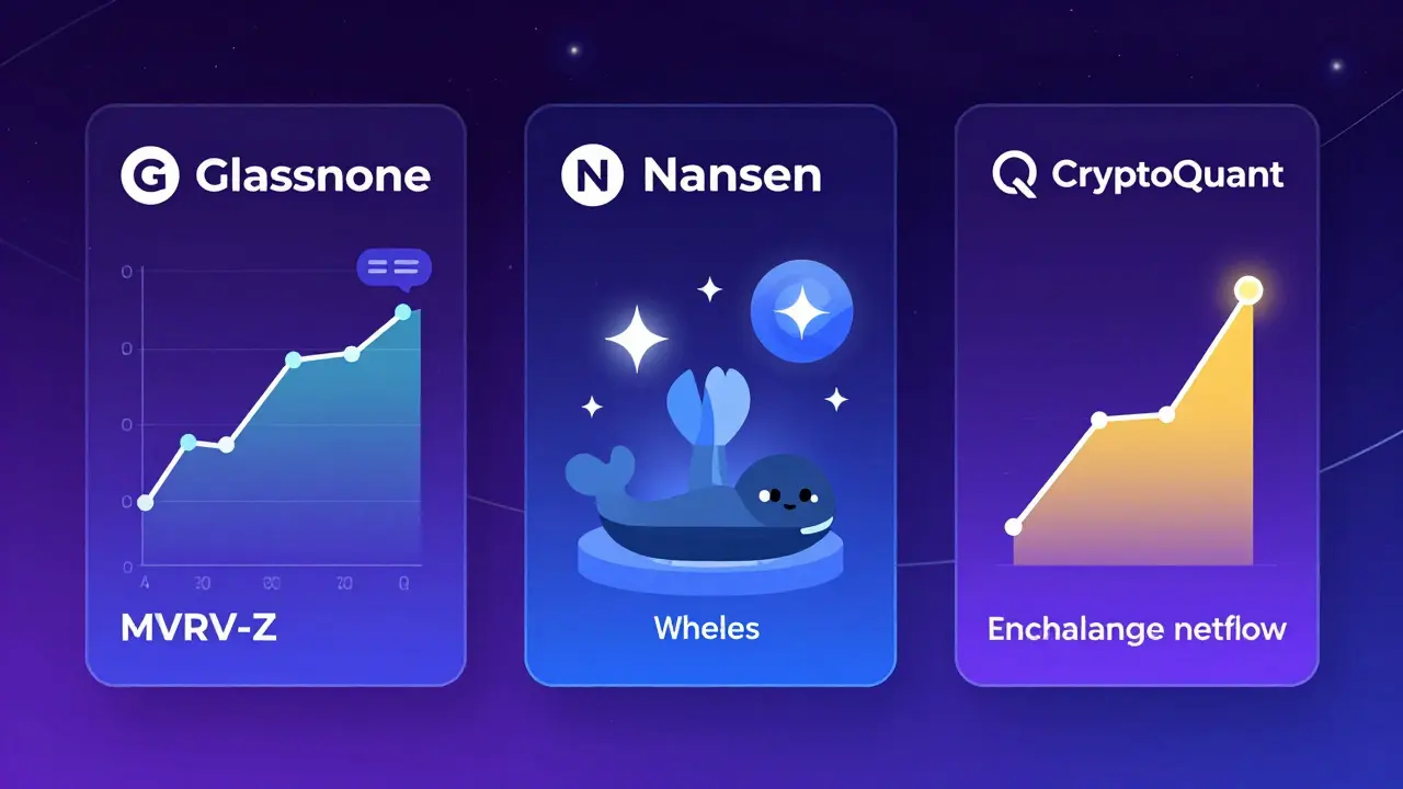 Three crypto analysis platforms illustrated as simplified dashboards with glowing data metrics.