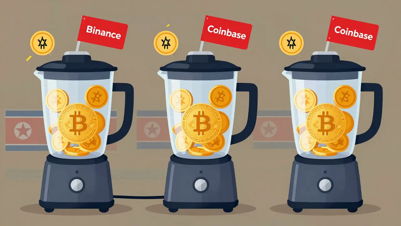 Three mixers in sequence transforming dirty crypto into clean coins with exchange warnings.