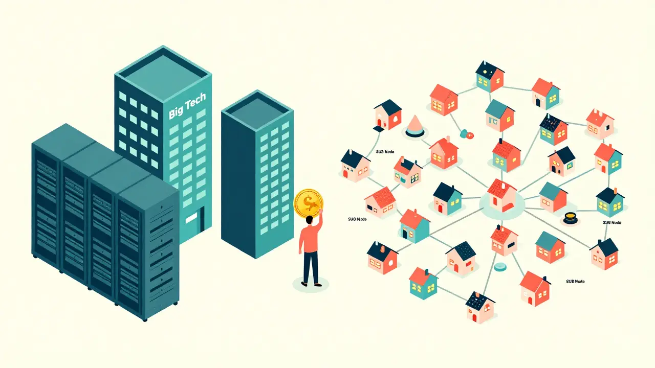 A contrast between centralized internet control and decentralized peer-to-peer hosting with SUB Nodes.