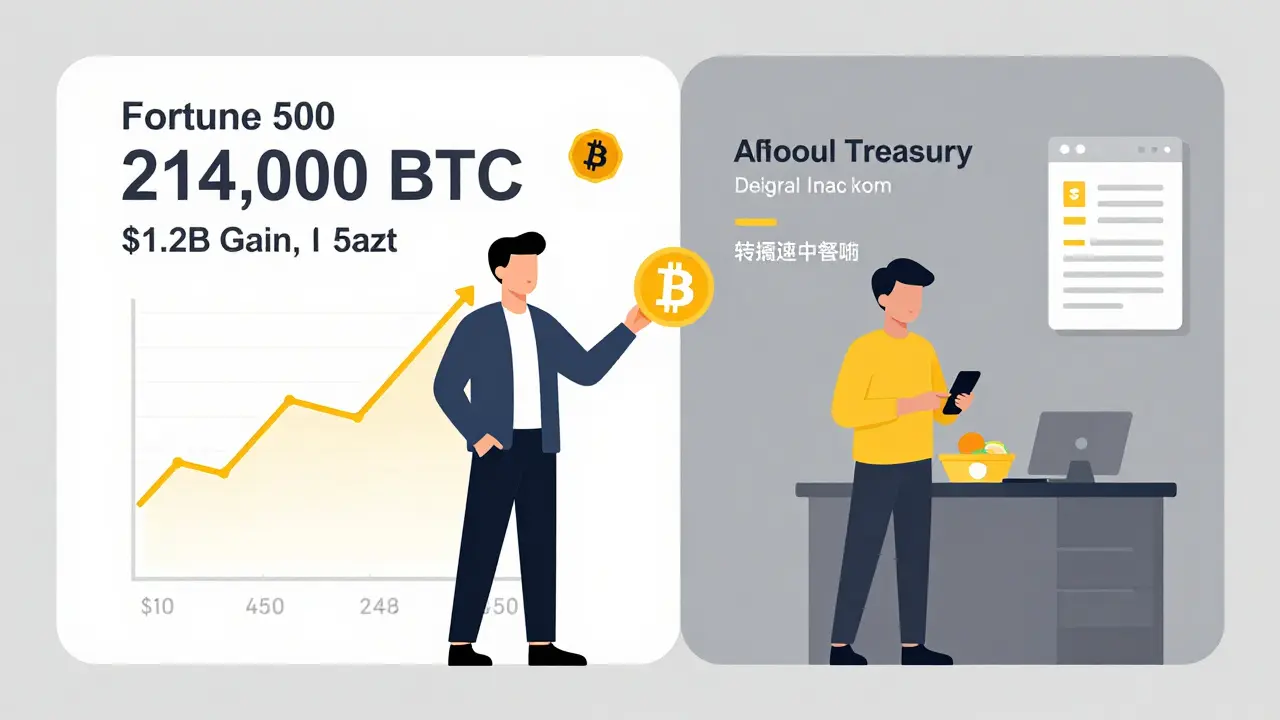 A corporate treasury with Bitcoin holdings rising, contrasted with traditional banking delays and modern instant payments.