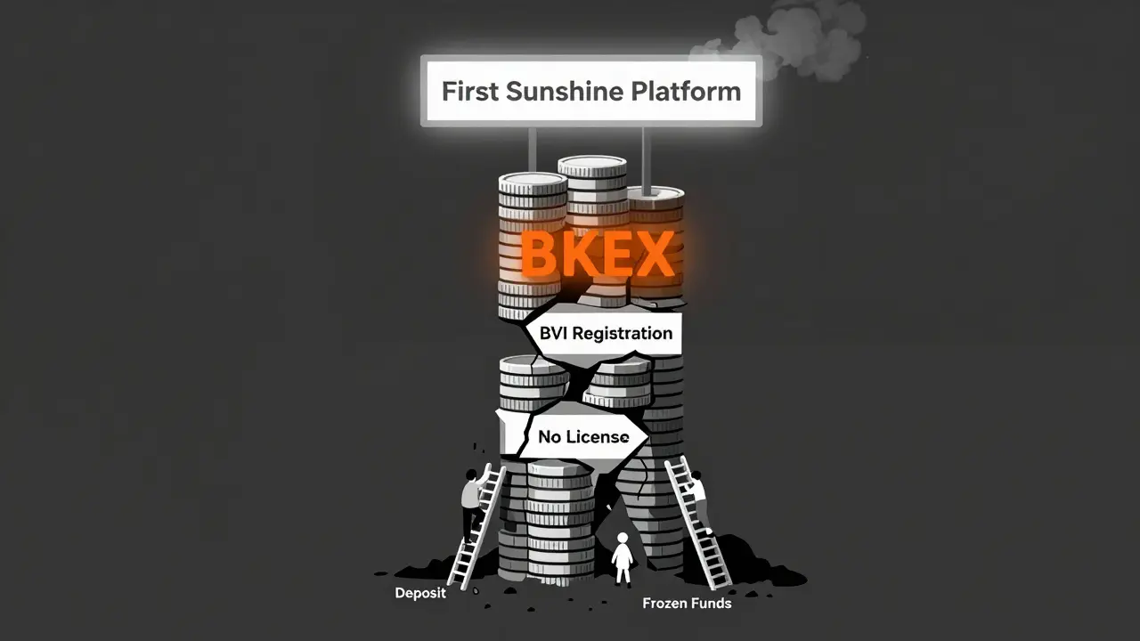 A crumbling BKEX tower made of coins, revealing no license underneath, while users fall into frozen funds pit.