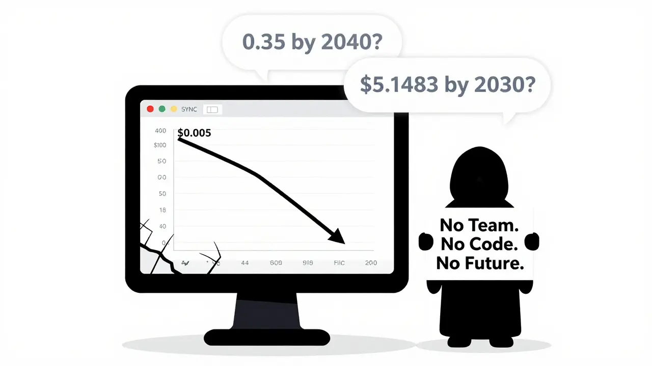 A falling SYNC price chart is shown with unrealistic price predictions floating above, as a shadowy figure holds a sign saying 'No Team. No Code. No Future.'