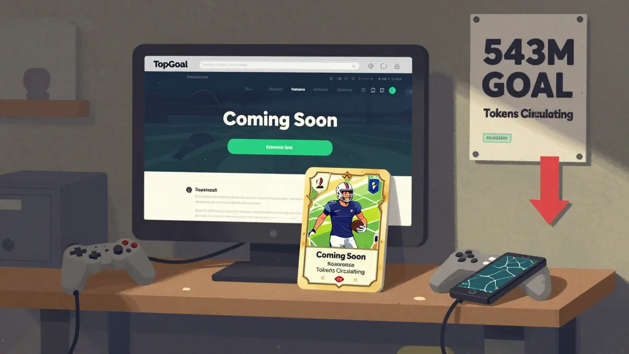 A lone NFT card on a dusty shelf beside a broken phone, with a faded metaverse webpage and low token price tag.