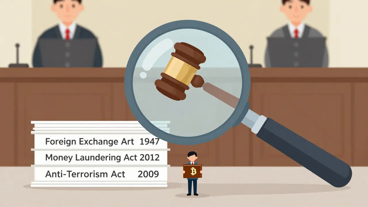 A magnifying glass over laws related to crypto, with a calm individual beneath, no jail or punishment depicted.