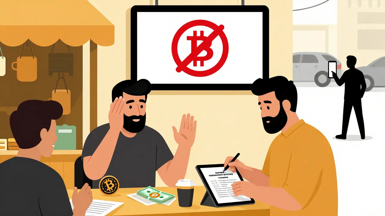 A shopkeeper refuses crypto payment while digital rial ads appear on billboards.