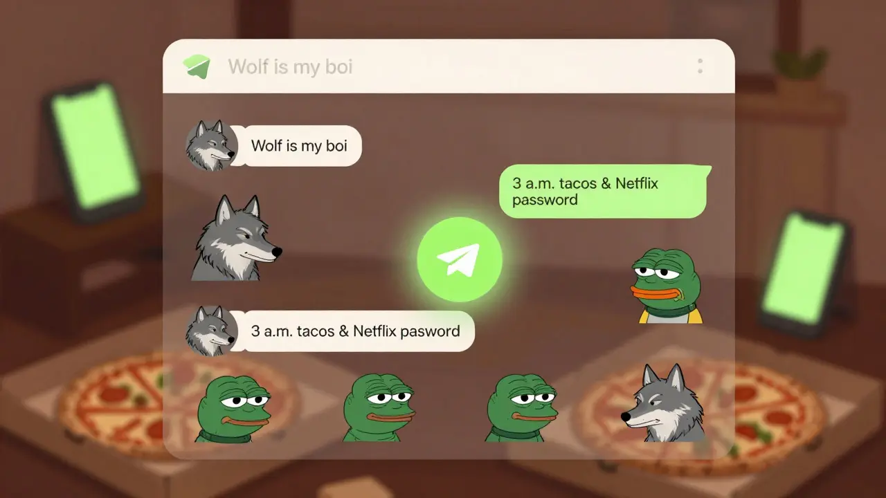 A Telegram chat filled with WOLF memes and community messages, centered on a glowing token icon.