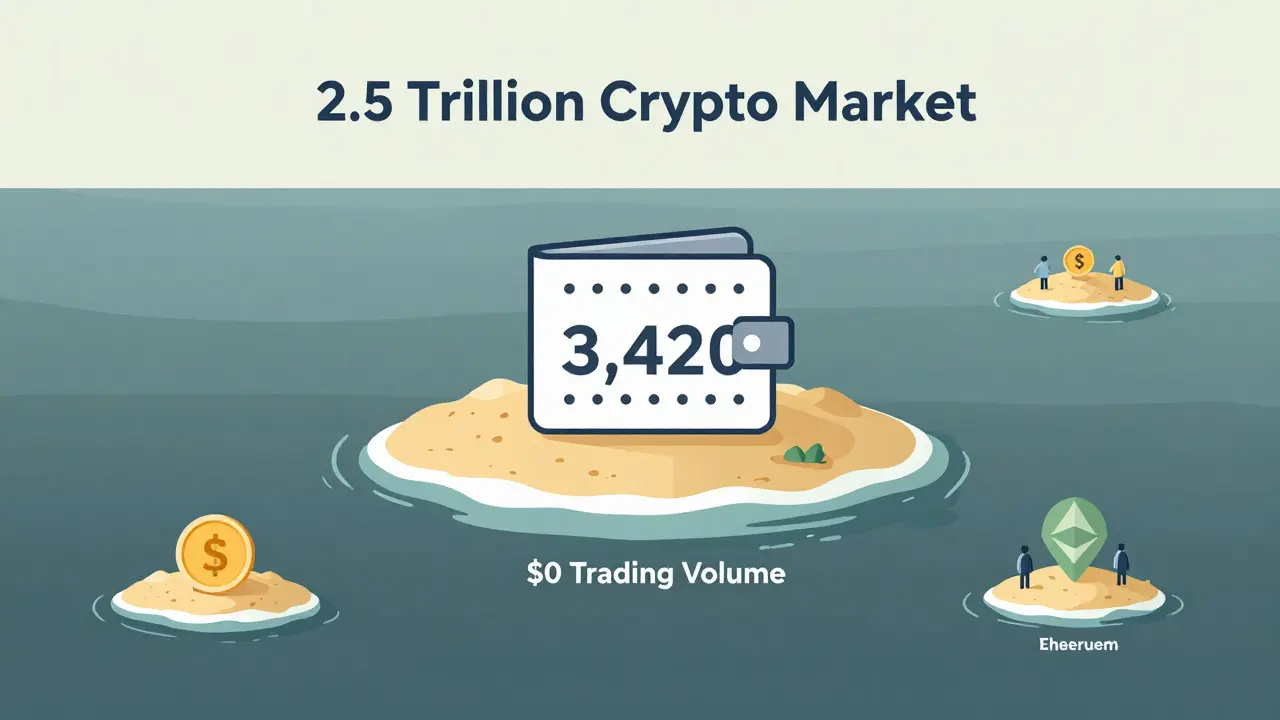 A tiny SYNC token sits on a deserted island amid a vast ocean labeled '2.5 Trillion Crypto Market', while other blockchains buzz with activity.
