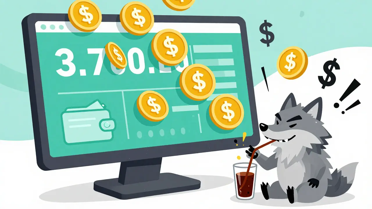 A trading screen overwhelmed by billions of WOLF tokens, while Wolf remains calm amid financial chaos.