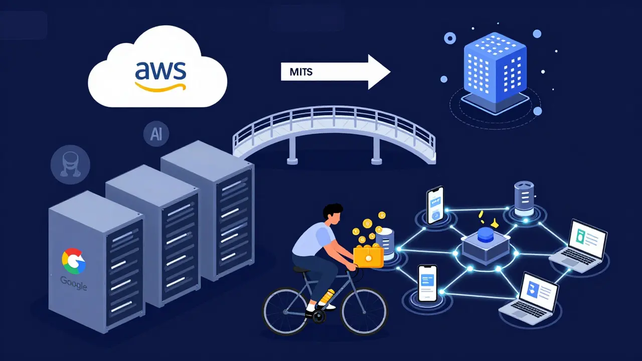 A user sells personal data to AI companies via a decentralized network, while centralized cloud services and blockchain links coexist in a hybrid future.