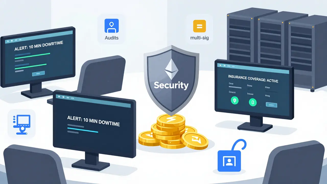 An institutional staking control room with monitors, security shields, and tools like remote signing and sentry nodes.