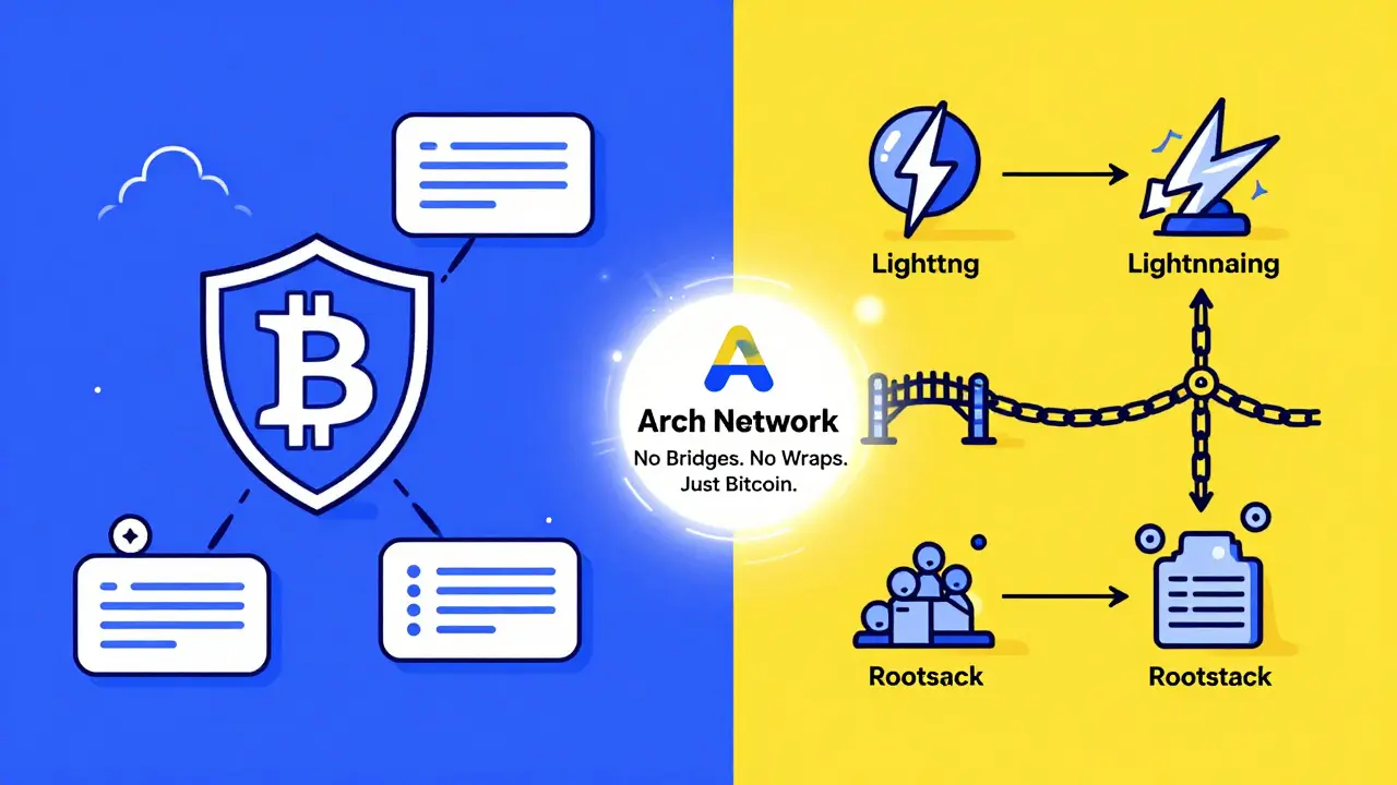 Arch Network vs other Bitcoin projects: secure native chain on left, bridged systems on right, with central logo.