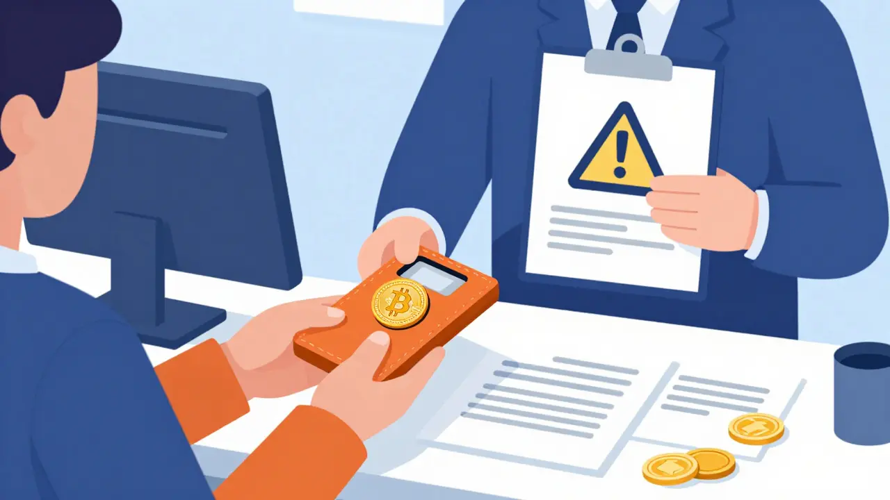 Bank teller counter with customer presenting wallet, warning symbol on clipboard.