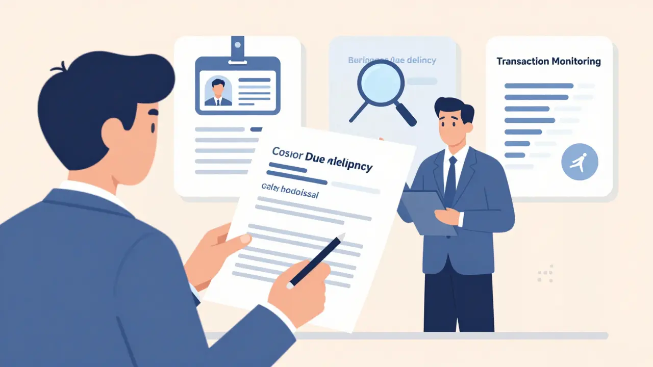 Businessperson and regulator reviewing compliance documents with due diligence and transaction monitoring icons.