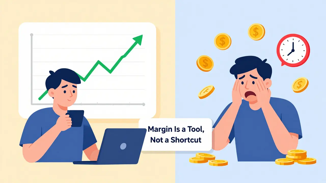 Calm trader with stop-loss vs. panicked trader facing liquidation, showing discipline vs. chaos.
