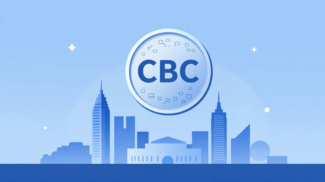 CBDC coin with blockchain patterns floating above Jordanian skyline representing future digital currency.
