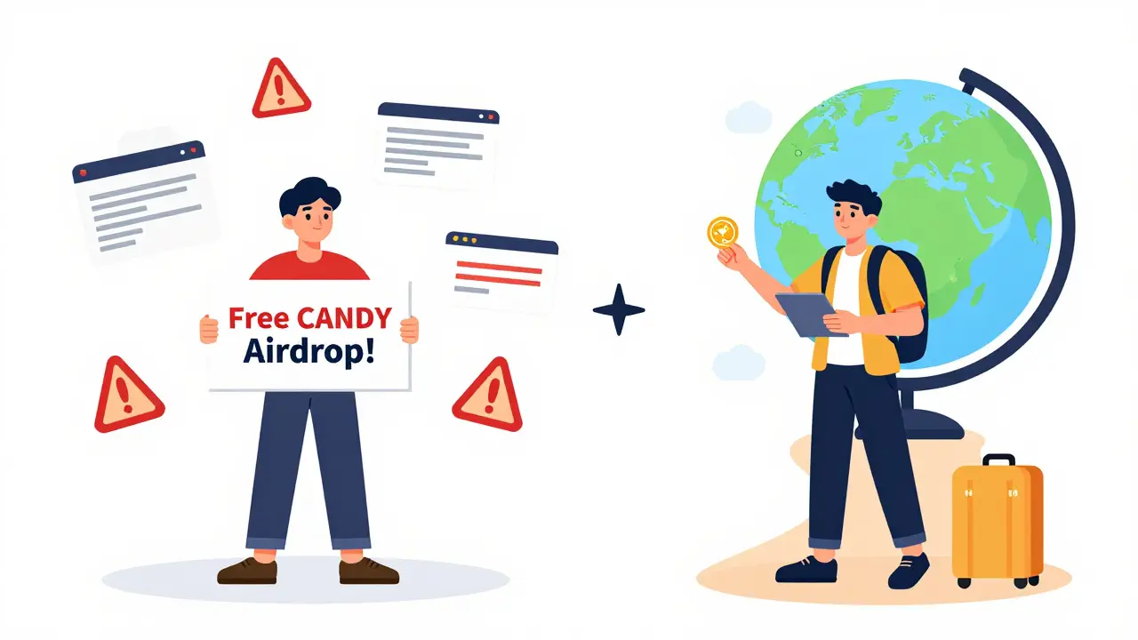 Contrast between a scammy 'free CANDY' sign and a traveler safely earning real crypto rewards through TripCandy.